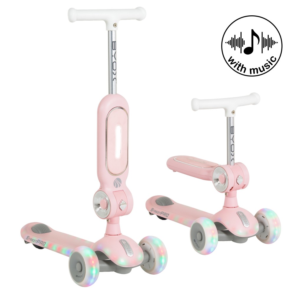 7462674-1000x1000 Pink kids' three-wheeled scooter with LED wheels and white handlebars, shown in two angles (upright and folded) with a 'with music' badge.