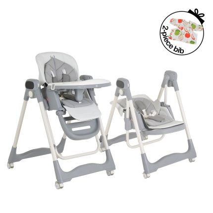 Modular baby high chair with a detachable tray and cushioned grey seating, mounted on a white frame with wheels on a light background.