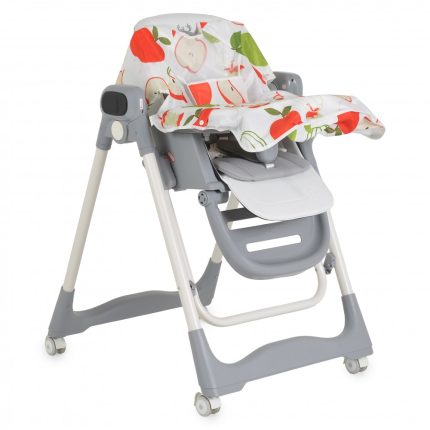Adjustable baby high chair with a grey and white plastic frame, small wheels, and a fruit-pattern fabric seat cover.