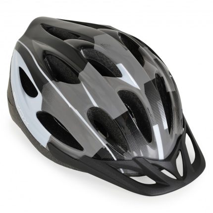 Gray and black bicycle helmet with numerous vents and a black chin guard, viewed from the side/forward angle