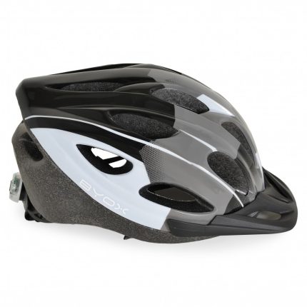 Black, gray, and white ventilation-heavy bicycle helmet viewed from the side.