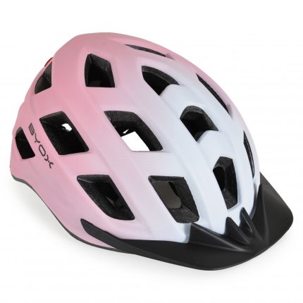 Pink and light-blue cycling helmet with multiple ventilation vents and a black front visor, designed for head protection.