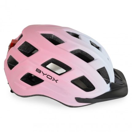 Pink and white cycling helmet with vents and a black visor-like brim