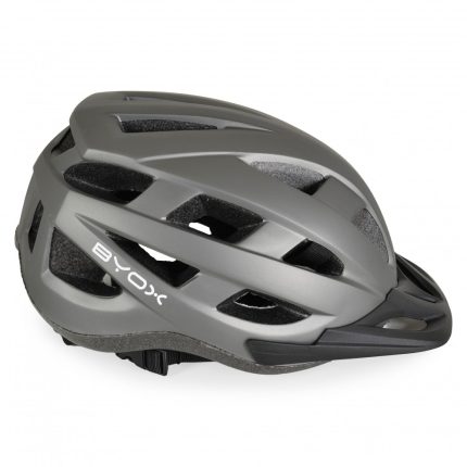 Gray aerodynamic cycling helmet with multiple ventilation holes and an adjustable chin strap, shown from a side angle.