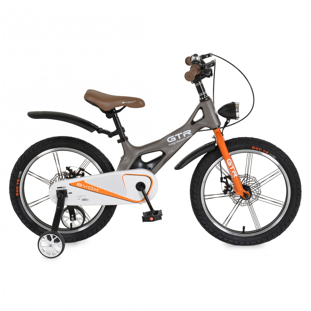 7462807-1000x1000 Child-sized bicycle with gray frame, orange front fork, black handlebars, and brown saddle with training wheels on a white background.