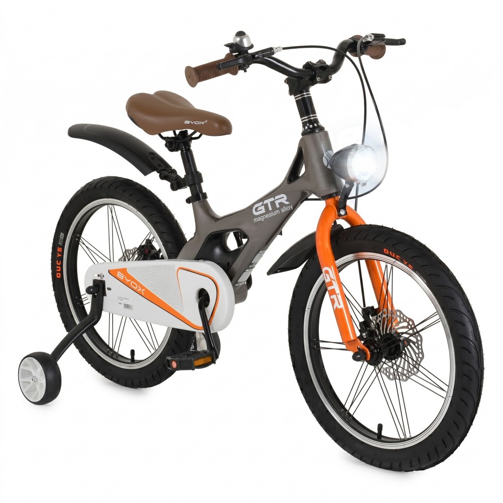 7462808-1000x1000 Kids' electric bicycle for ages 6+, with training wheels, gray magnesium frame, brown saddle, orange front fork, and front headlight.