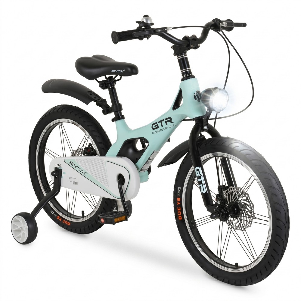 7462811-1000x1000 Light blue kids' electric bike with a rear training wheel, front headlight, and a protective chain guard on a white background.