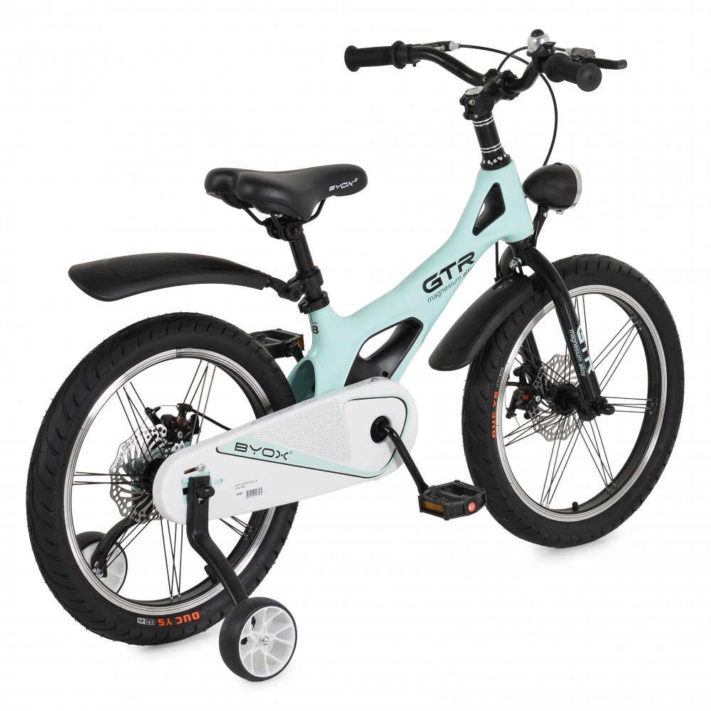 7462812-1000x1000 Mint green children's bike with training wheels, large tires, and a white chain guard.
