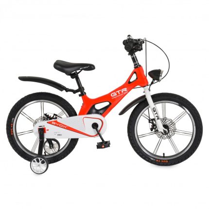Red kids' bicycle with training wheels, black saddle, and white chain guard featuring a red accent; aluminum frame and front fork with a small headlight.