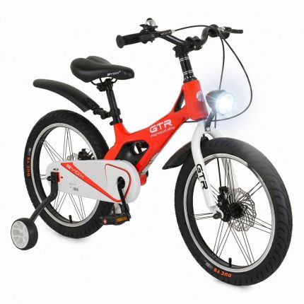 Red electric kids' bike with training wheels, a white battery pack on the frame, and a front LED headlight on a white fork.