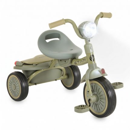 Olive-green plastic children's tricycle toy with a rounded seat, handlebars, and a front headlight on a white background.