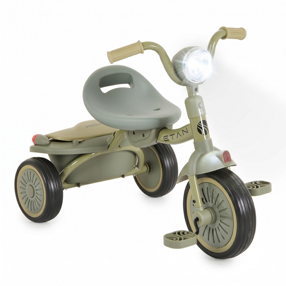 7462819-1000x1000 Olive-green plastic children's tricycle toy with a rounded seat, handlebars, and a front headlight on a white background.