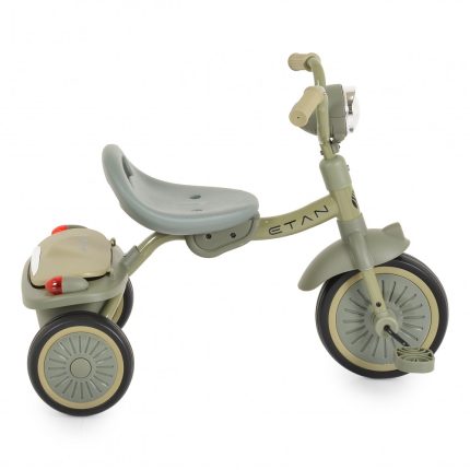 Green-beige children's tricycle with three wheels, wide gray seat, and pedal front wheel.