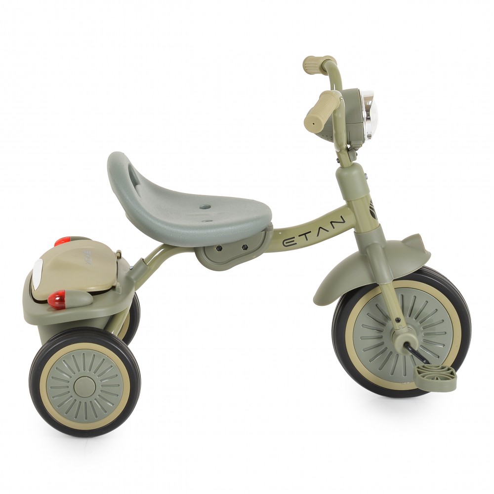 7462820-1000x1000 Green-beige children's tricycle with three wheels, wide gray seat, and pedal front wheel.