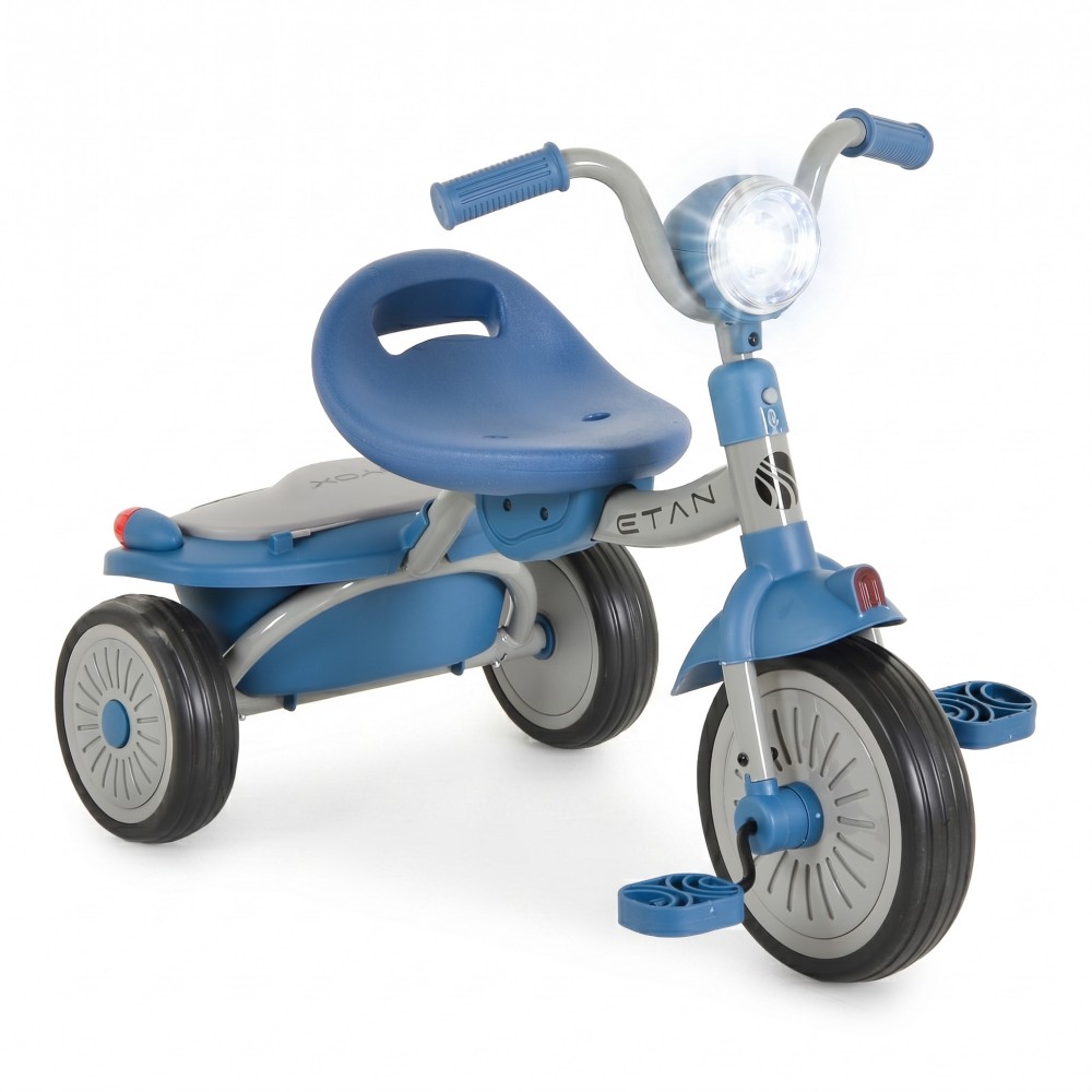 7462822-1000x1000 Blue children's tricycle with training wheels, curved handlebars and a bright front light.