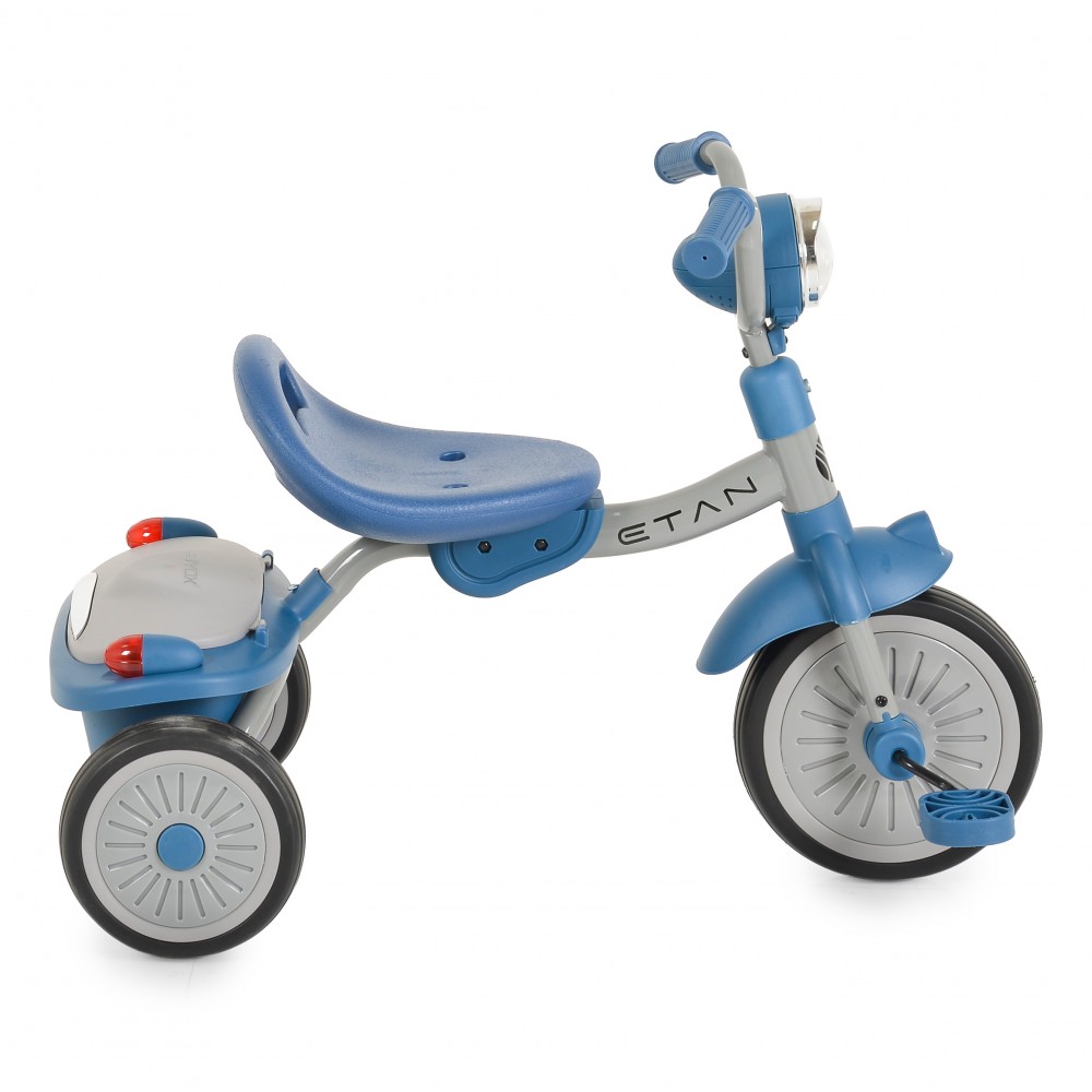 7462823-1000x1000 Blue toddler tricycle with three wheels, curved blue seat, and handlebars (front wheel with foot pedal) for kids.