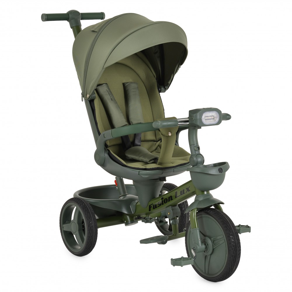 7462828-1000x1000 Three-wheeled green stroller with a canopy and padded seat for a child, labeled Fusion Lux on the frame.