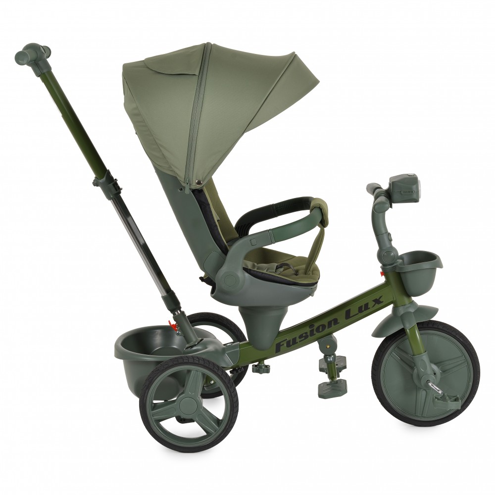 7462829-1000x1000 Green three-wheeled child stroller/trike with a canopy, tall adjustable push handle, and front basket for storage (Fusion Lux).