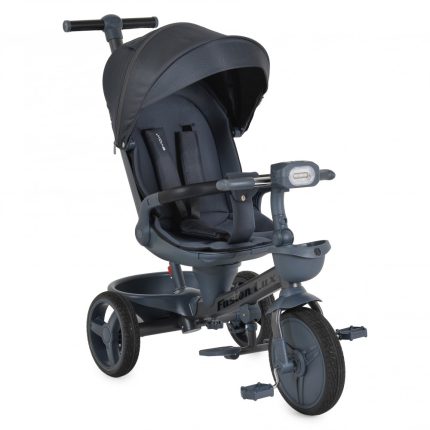 Dark blue three-wheeled stroller/trike with canopy, padded seat, harness, and front light.