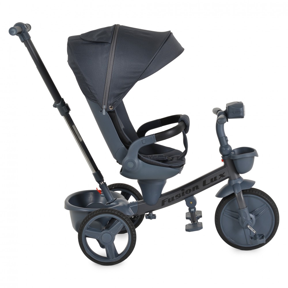 7462832-1000x1000 Gray toddler tricycle/stroller with a sunshade canopy and long rear push handle, shown in side view (Fusion Lux)