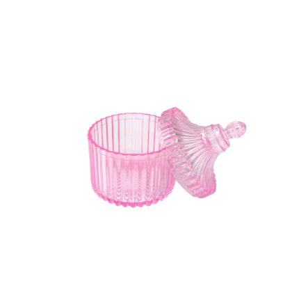 Pink ribbed glass sugar jar with its matching lid set beside it, in pink.