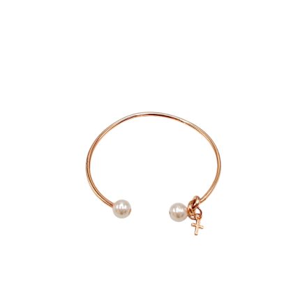 Rose gold open bangle with two white pearls, one end featuring a small pearl and a female-symbol charm
