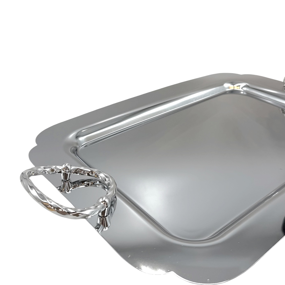 8BBD7345-D6B0-A61D-69D7-019DBA13901B_3 Shiny silver rectangular serving tray with decorative twisted rope handles and scalloped edges.
