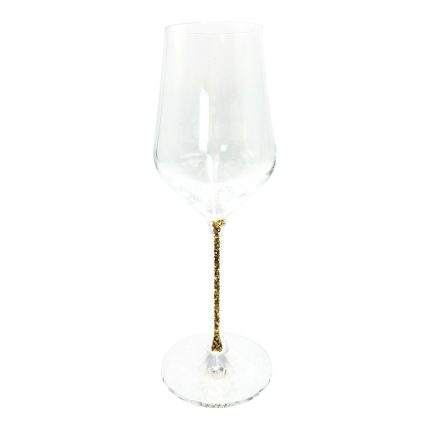 Clear wine glass with a glittery gold stem on a white background.
