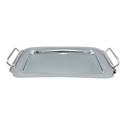 Rectangular stainless steel serving tray with raised edges and two handles on the ends.