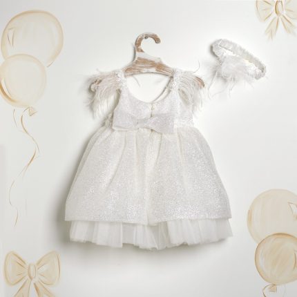 Sparkly white baby dress with feathered shoulders on a wooden hanger, plus a matching headband, against a white backdrop.