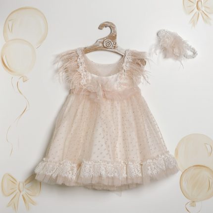 Pink tulle baby dress with lace trim and feathered epaulets on a wooden hanger, with a matching headband nearby against a light background.