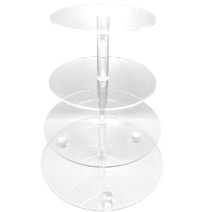 Clear acrylic four-tier display stand with circular shelves stacked on a central rod, ideal for showcasing small items.