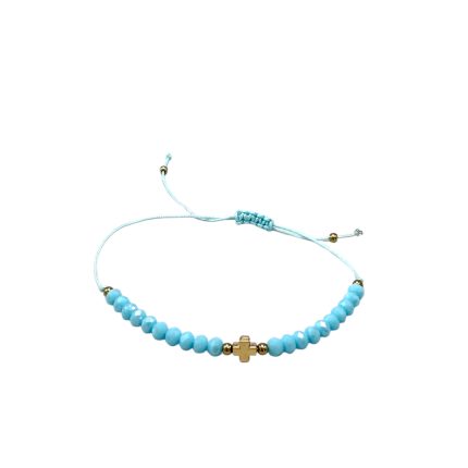 Light blue beaded bracelet with small gold cross charm on a matching cord.