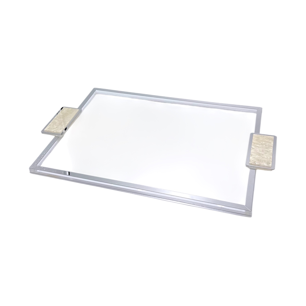 D0712C0C-5843-834C-E87A-019DB02FC9F0_1 Rectangular, chrome-framed mirror with two beige decorative blocks on opposite sides.