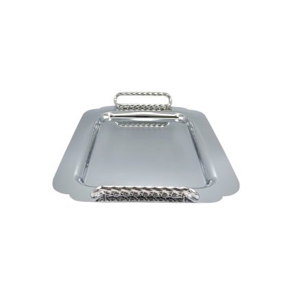 Shiny silver cloche resting on a rectangular serving tray for serving food.