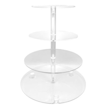 Clear acrylic three-tier cake stand on a central rod for displaying desserts.