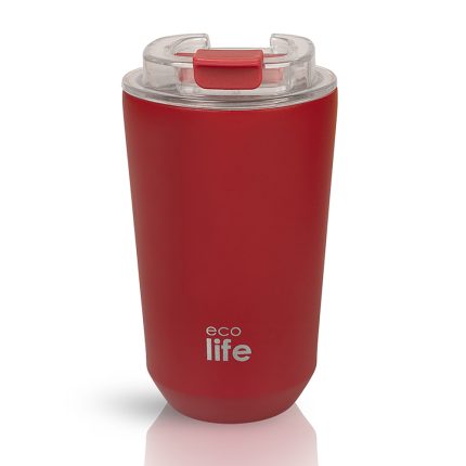 Red reusable travel mug with a clear flip-top lid and a pink latch, featuring the 'eco life' logo on the side.