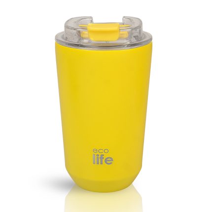 Yellow insulated travel mug with a clear lid and the 'eco life' logo on the front