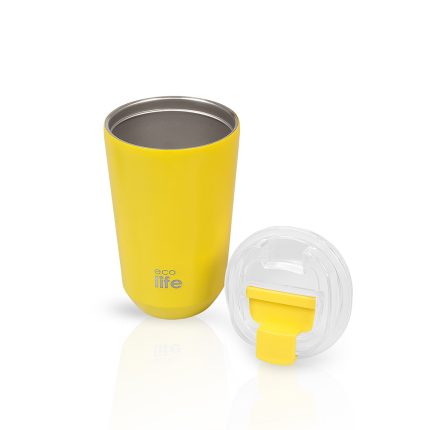 Yellow stainless steel travel tumbler with a clear lid, branded 'eco life' beside it on a white surface