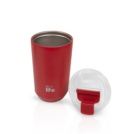 Red insulated travel tumbler with a clear lid placed beside it; brand reads 'eco life' on the mug edge, set on a white background.