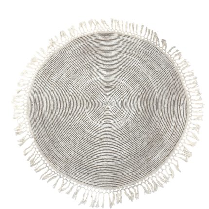 Round woven rug with concentric circles and fringe along the edge, viewed top-down.