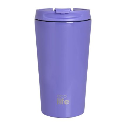 Purple reusable travel mug with a snap-on lid and 'eco life' logo at the bottom.