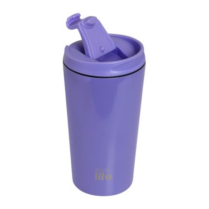 Purple reusable travel cup with a flip lid and built-in straw, branded 'eco life' on the side.