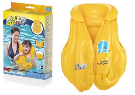 Yellow child-sized inflatable life jacket by Swim Safe abc, shown next to its product box featuring a child wearing it in a pool setting.
