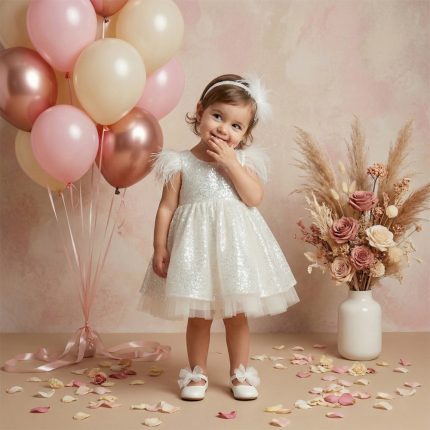 Young girl in a silver sparkly dress with feather sleeves, standing among pink balloons and a vase of dried flowers at a pastel party backdrop.