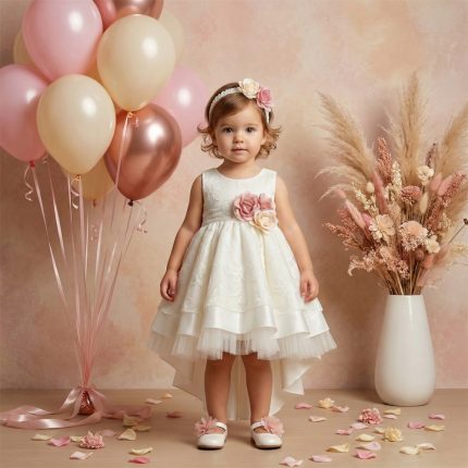 Young girl in a white dress with floral sash standing beside pink balloons and a vase of dried flowers, pastel party scene.