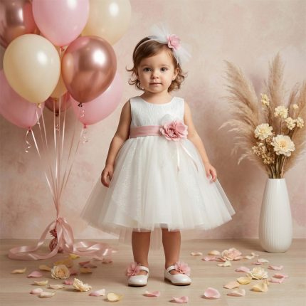Toddler girl in a white tulle dress with a pink sash and flower, standing beside pastel balloons on a birthday setup.