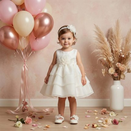 Toddler girl in a white layered dress with a flower detail, standing beside pink balloons and a vase of dried flowers.