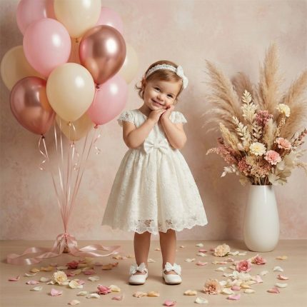 A smiling toddler in a white lace dress stands beside pastel balloons at a birthday-themed setup.