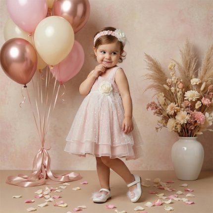Toddler girl in a pale pink dress poses among pastel balloons in a studio setting.